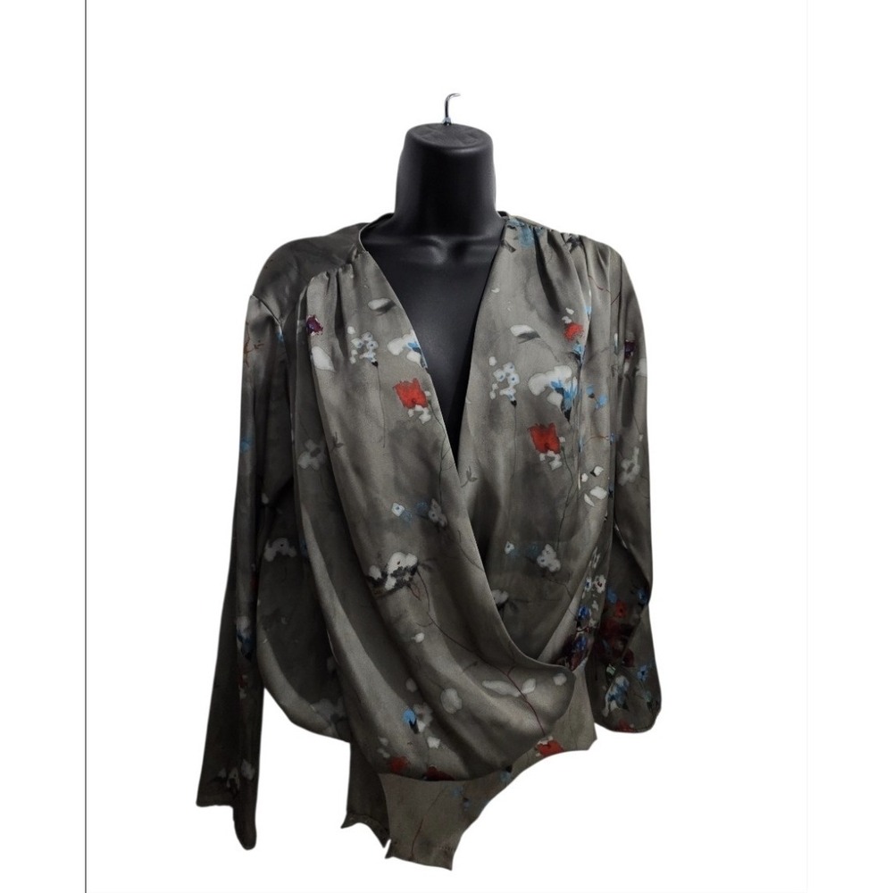 Zara Floral Surplice V-Neck Bodysuit Grey Satin Long Sleeve Snap Crotch Size S